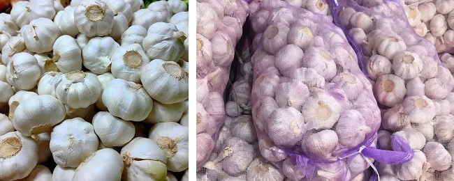 White garlic bulbs, loose and in purple net bags, from a Cagayan de Oro seller