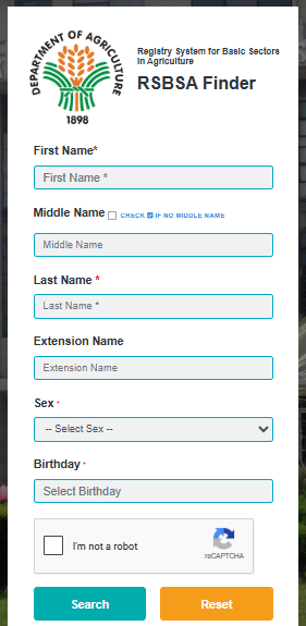RSBSA Finder search page on finder-rsbsa.da.gov.ph