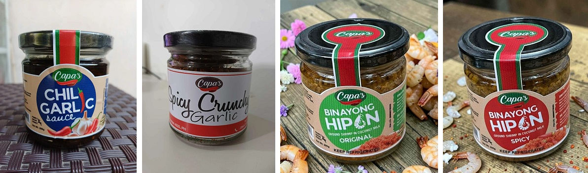 Jars of chili garlic sauce, spicy crunchy garlic and binayong hipon from Tiaong, Quezon