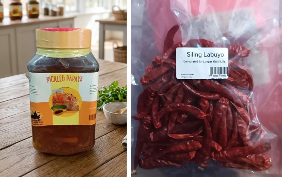 Bottle of pickled papaya (atchara) and a pack of dehydrated siling labuyo from Cagayan de Oro