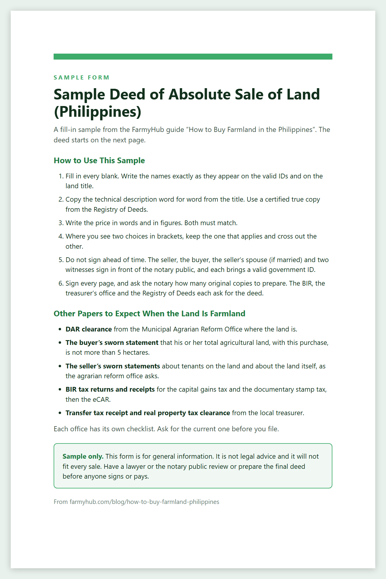 Sample deed of absolute sale of land, page 1: how to use the form