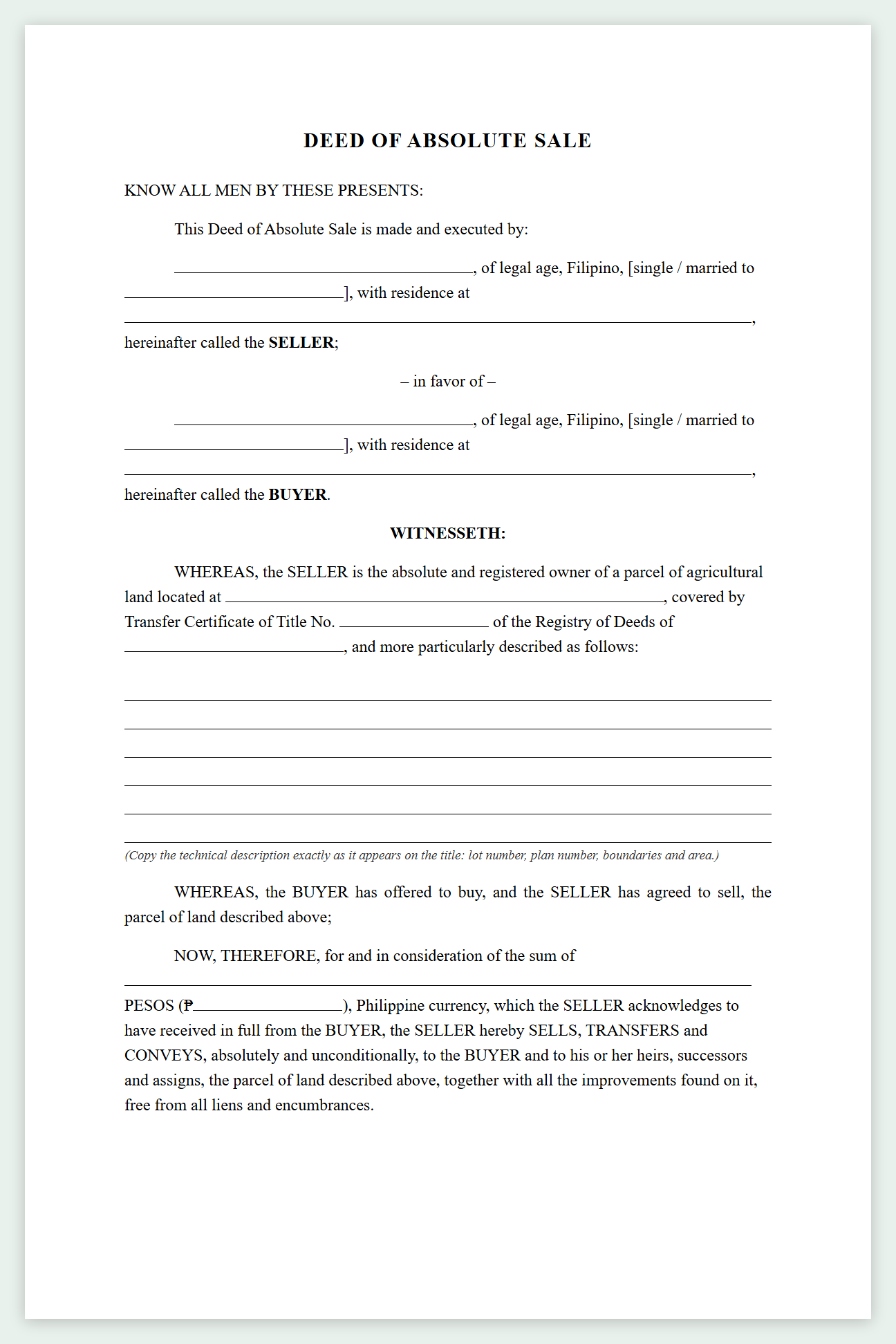 Sample deed of absolute sale, page 2: seller, buyer, land description and price