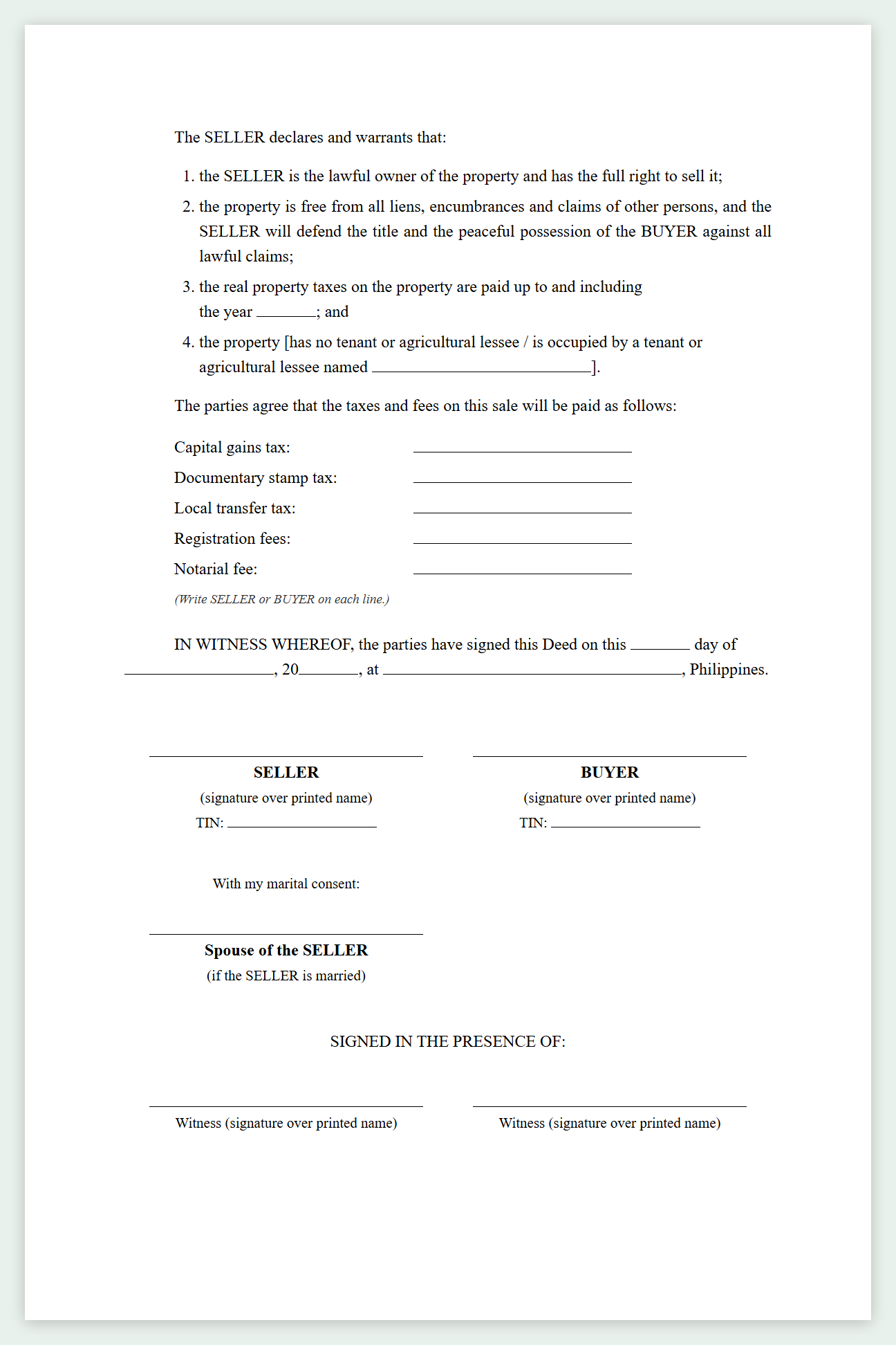 Sample deed of absolute sale, page 3: seller warranties, taxes and signatures