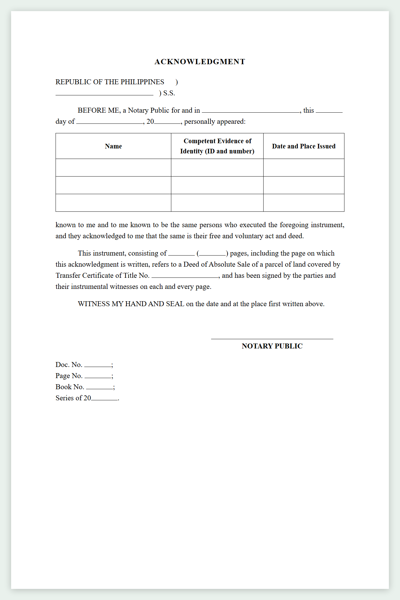 Sample deed of absolute sale, page 4: acknowledgment by the notary public