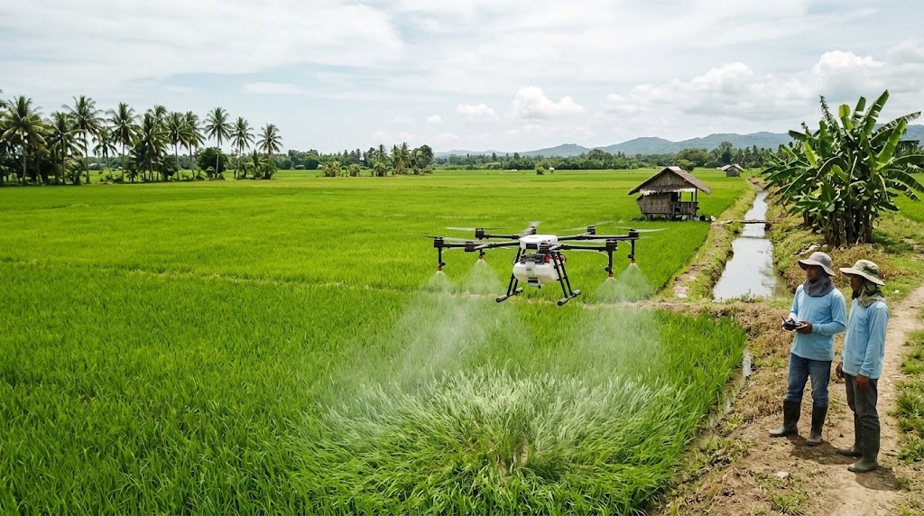 Agricultural drone spraying a rice field in the Philippines