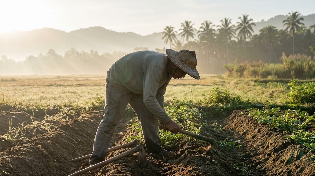 Filipino farmer checking crops early in the morning