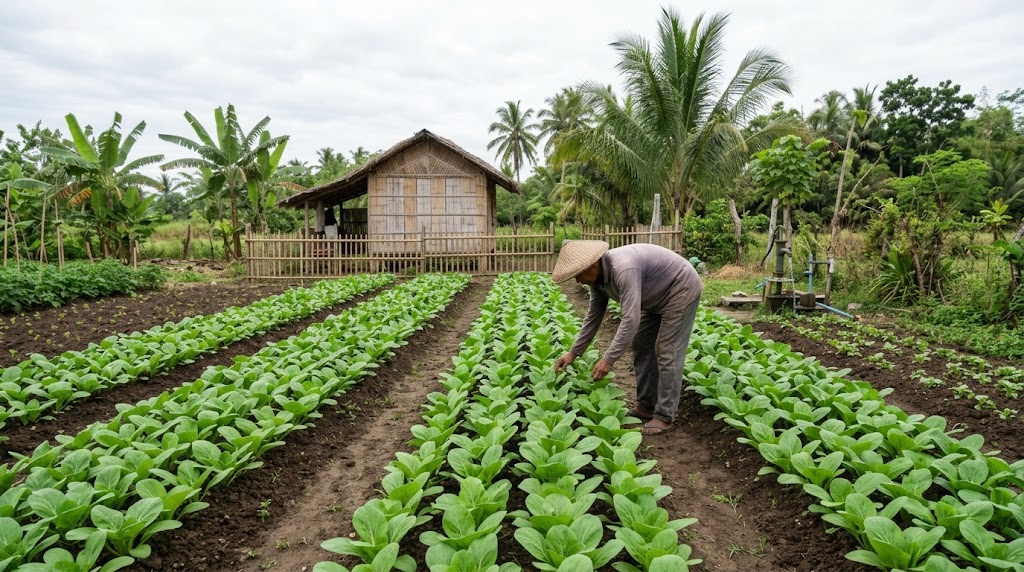 Small farm growing a single vegetable crop in the Philippines