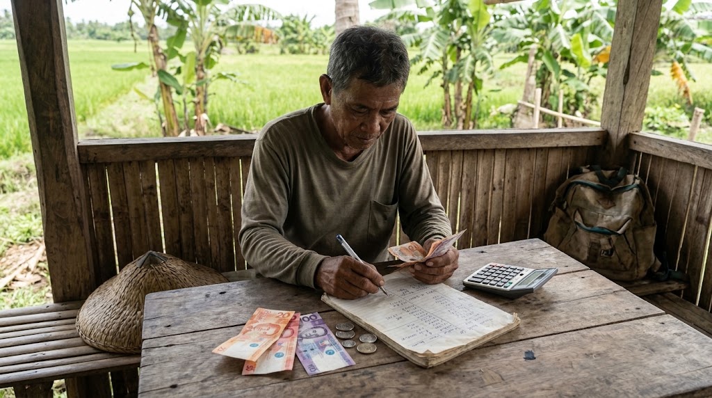 Farmer planning a small farm budget with savings