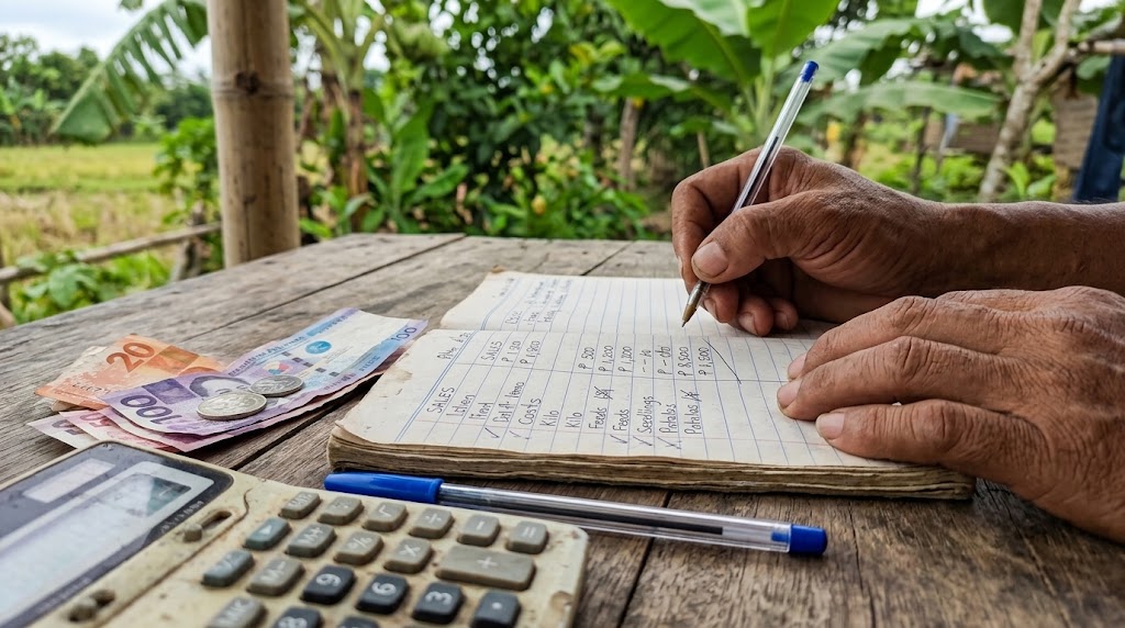 Farm record book with daily sales and costs