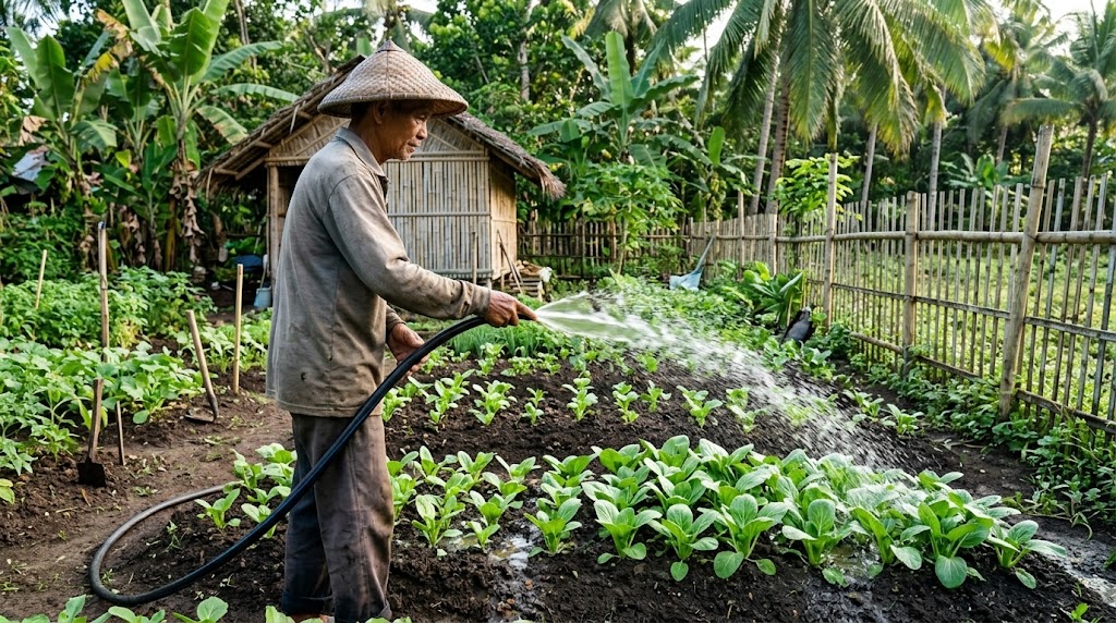 Farmer hand-watering vegetable crops on a small farm