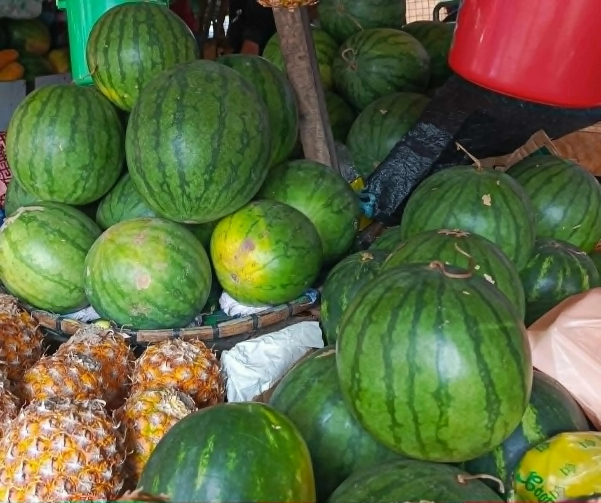 Pile of watermelons next to pineapples in Zamboanga City