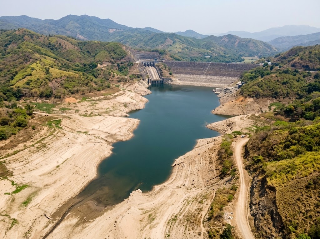 Low water in a dam reservoir in the Philippines during El Niño