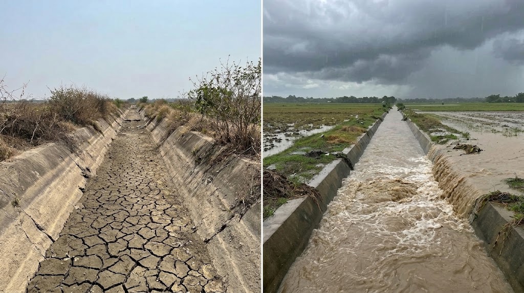Dry irrigation canal during El Niño and an overflowing canal during La Niña