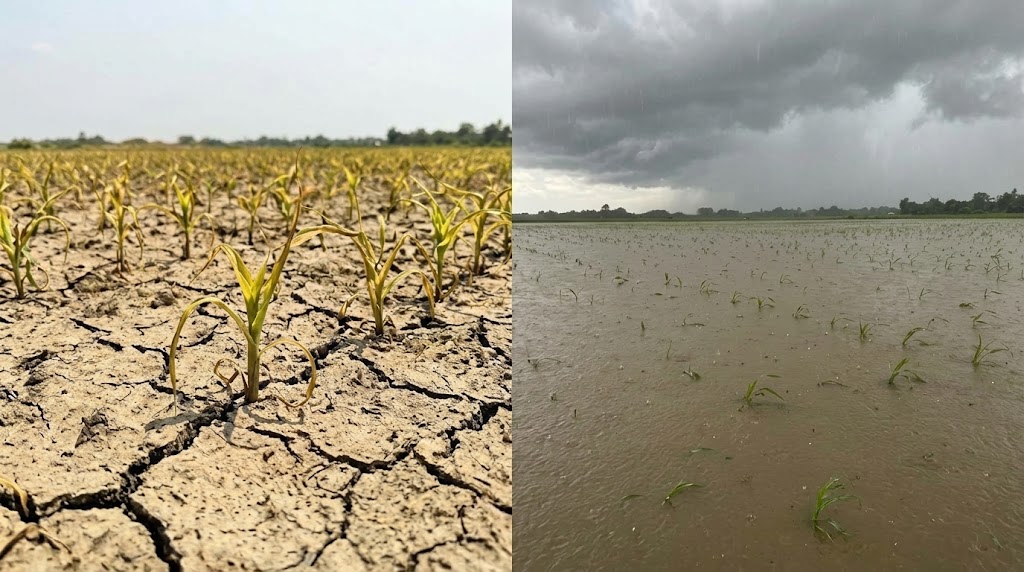 Dry cracked field during El Niño and a flooded field during La Niña