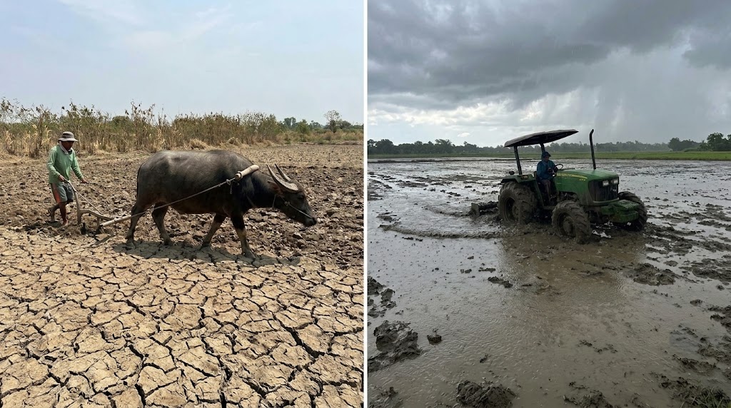 Farmer plowing dry soil with a carabao and a tractor stuck in a muddy field