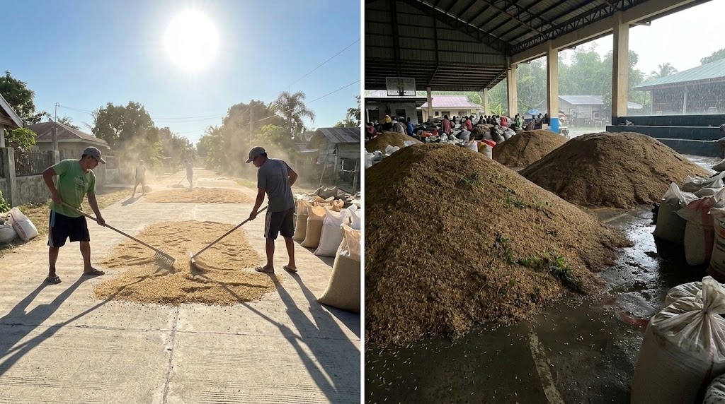 Farmers sun-drying palay in the heat and wet grain piled under a shed