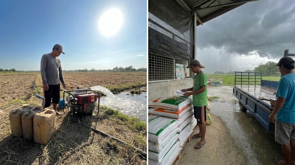 Farmer running a water pump in the heat and a farmer unloading sacks in the rain