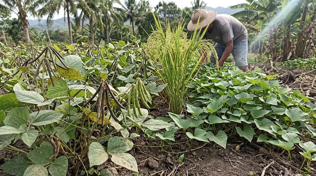 Mung bean, sweet potato and rice growing on a farm in the Philippines